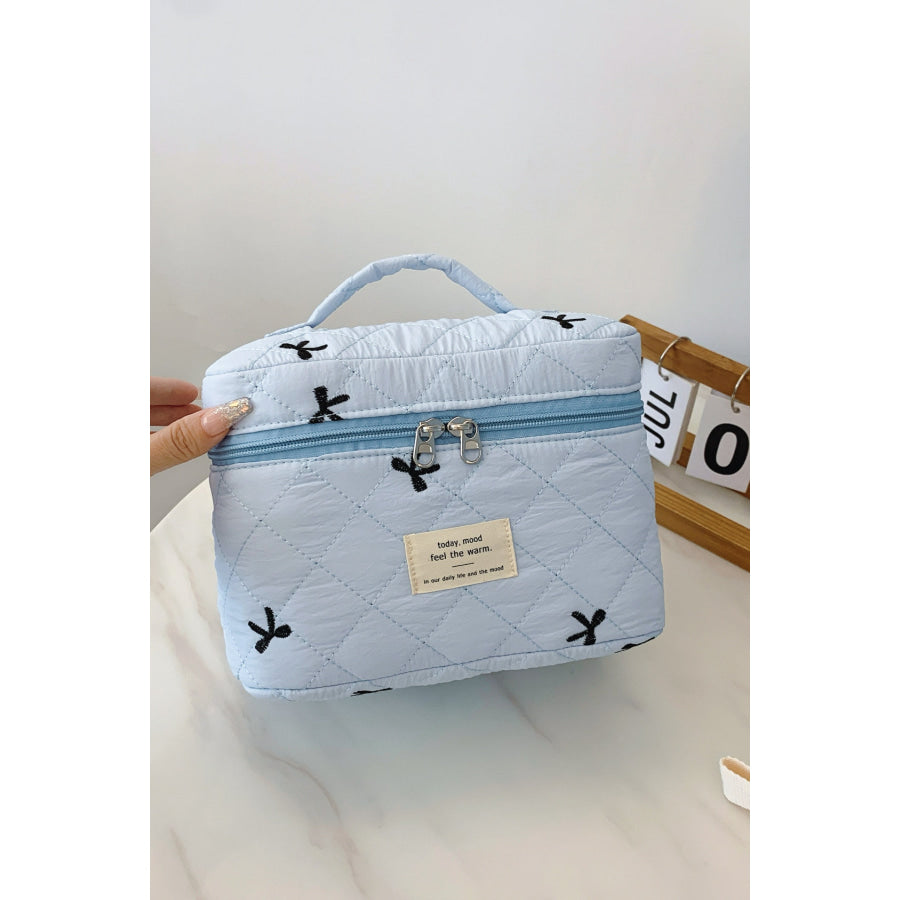 Bow Embroidered Quilted Storage Bag with Zip Apparel and Accessories
