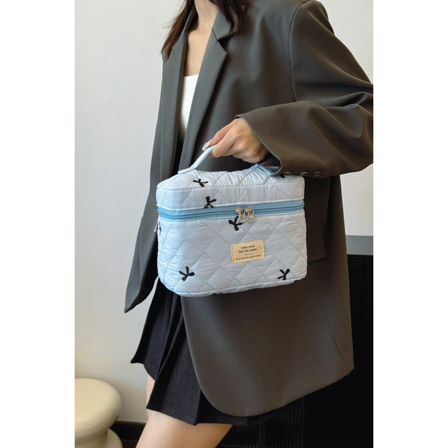 Bow Embroidered Quilted Storage Bag with Zip Apparel and Accessories