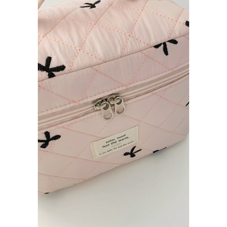 Bow Embroidered Quilted Storage Bag with Zip Apparel and Accessories