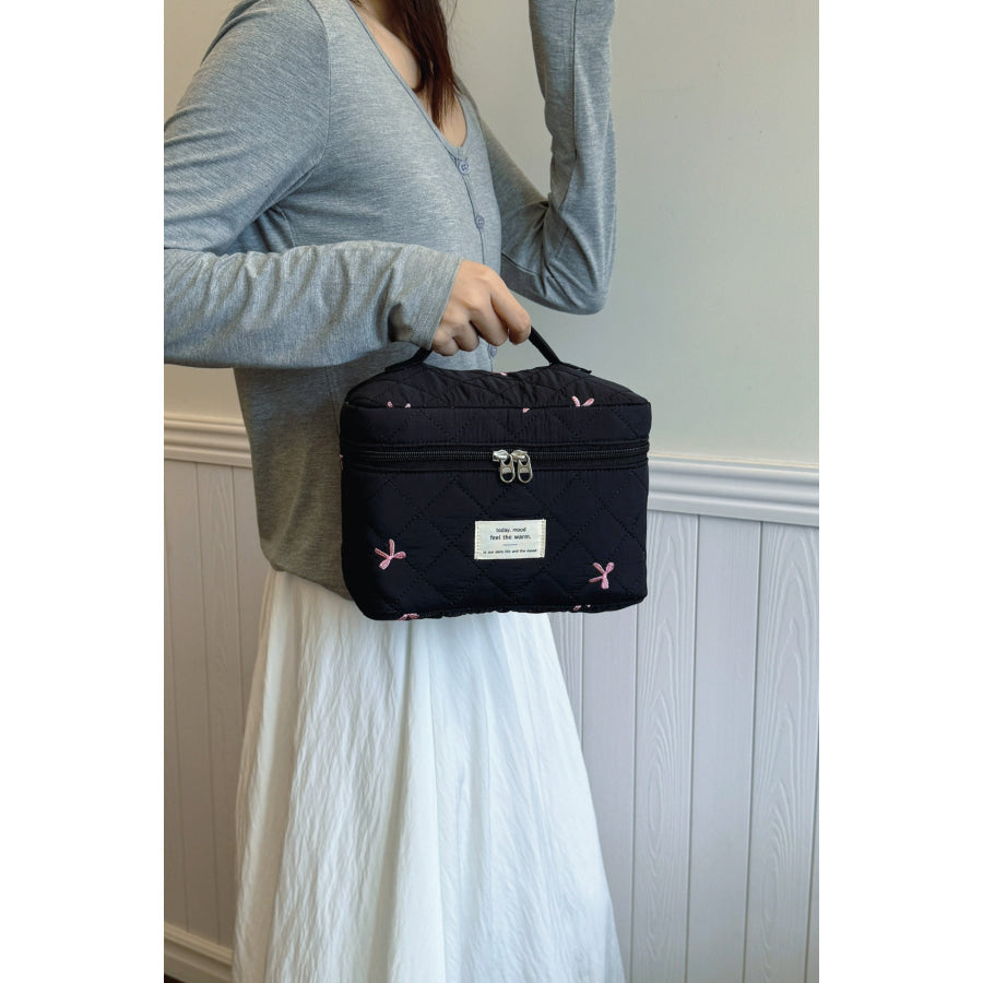 Bow Embroidered Quilted Storage Bag with Zip Apparel and Accessories