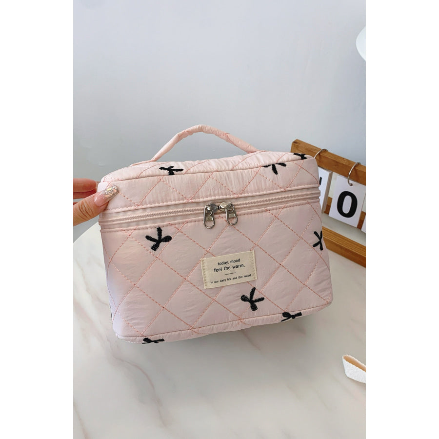 Bow Embroidered Quilted Storage Bag with Zip Apparel and Accessories