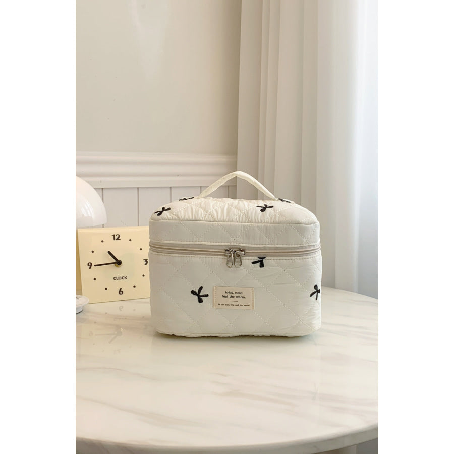 Bow Embroidered Quilted Storage Bag with Zip Beige / One Size Apparel and Accessories
