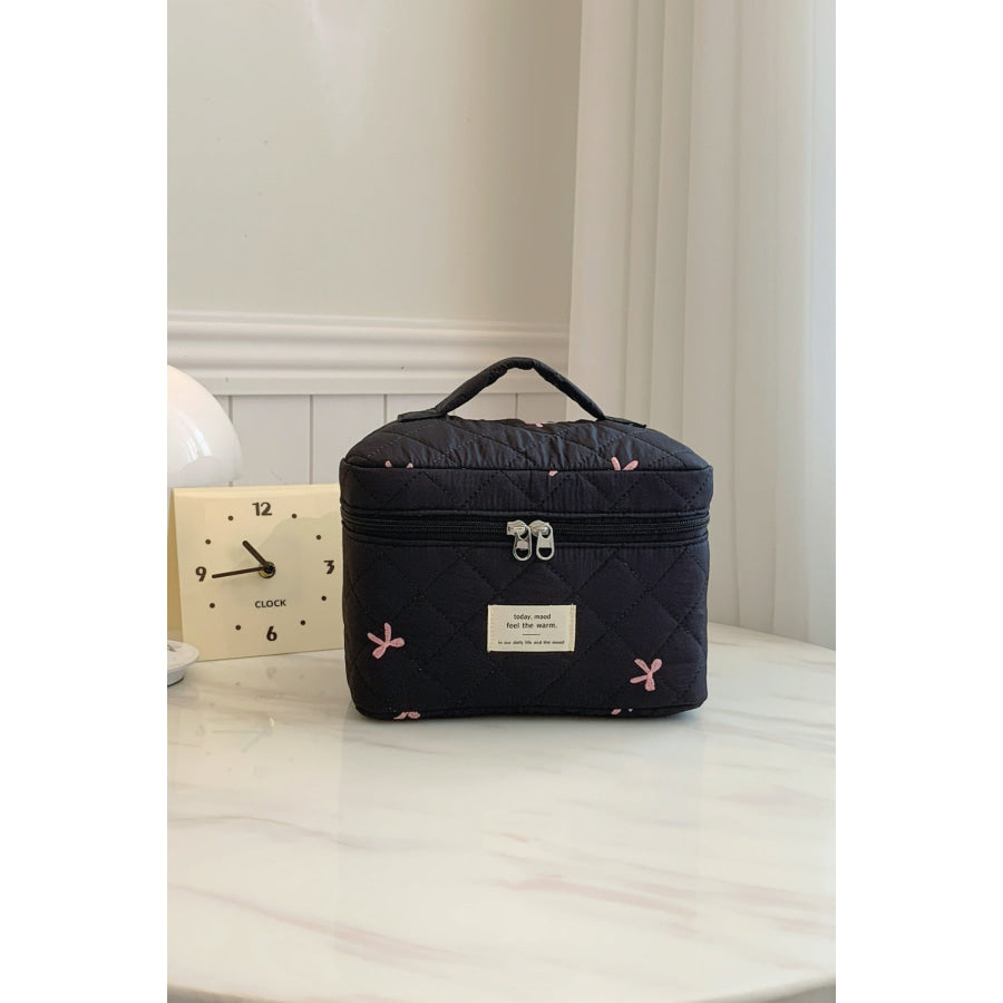 Bow Embroidered Quilted Storage Bag with Zip Black / One Size Apparel and Accessories