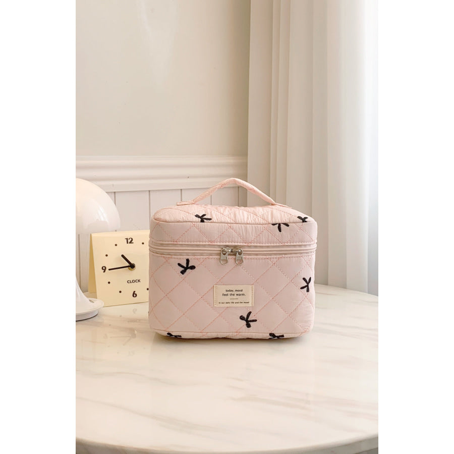 Bow Embroidered Quilted Storage Bag with Zip Blush Pink / One Size Apparel and Accessories