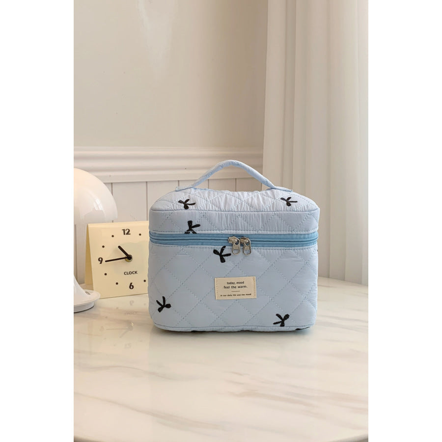 Bow Embroidered Quilted Storage Bag with Zip Light Blue / One Size Apparel and Accessories