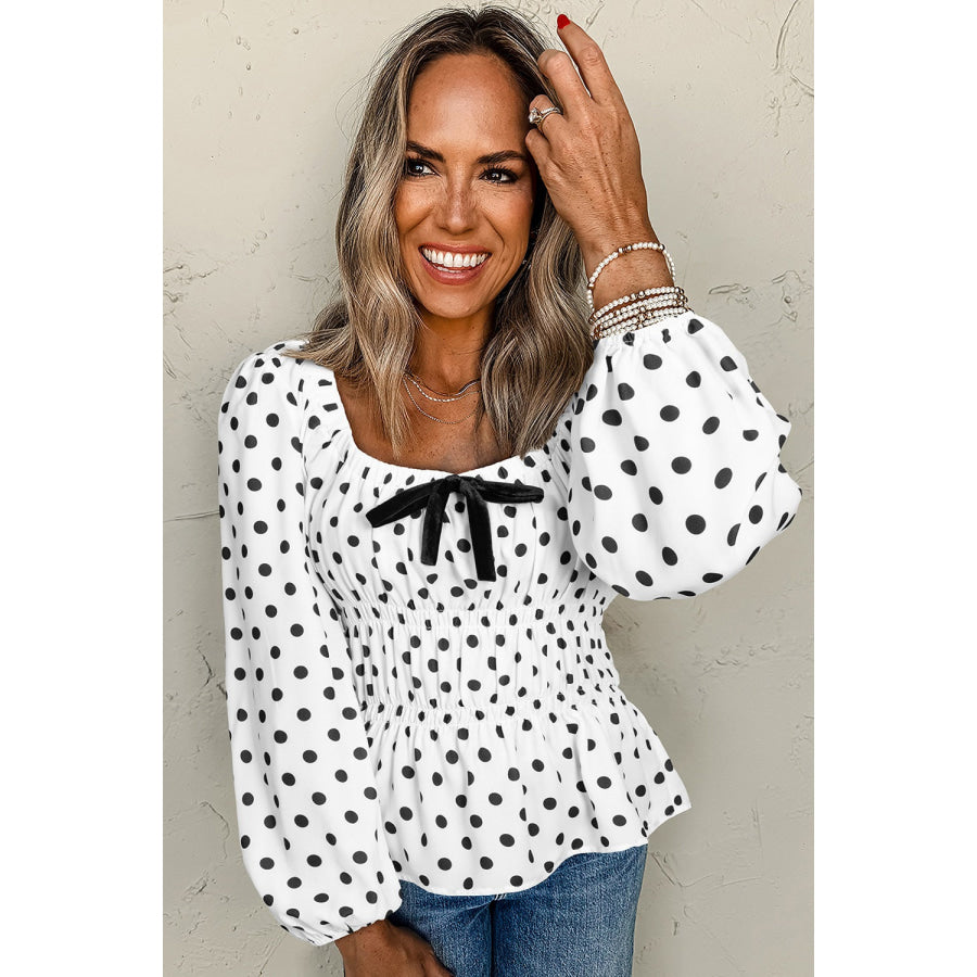Bow Polka Dot Square Neck Long Sleeve Blouse Apparel and Accessories