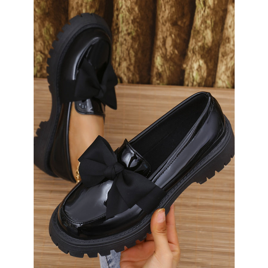 Bow PU Leather Round Toe Loafers Black(light) / 35(US4) Apparel and Accessories