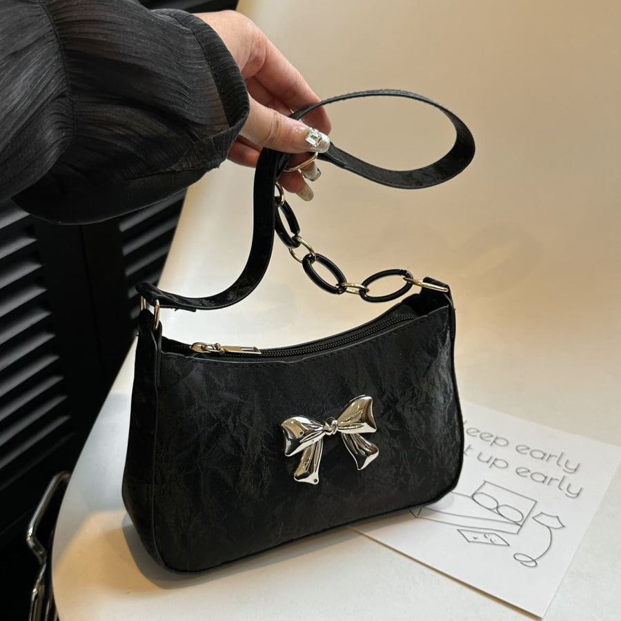 Bow PU Leather Shoulder Bag Black / One Size Apparel and Accessories