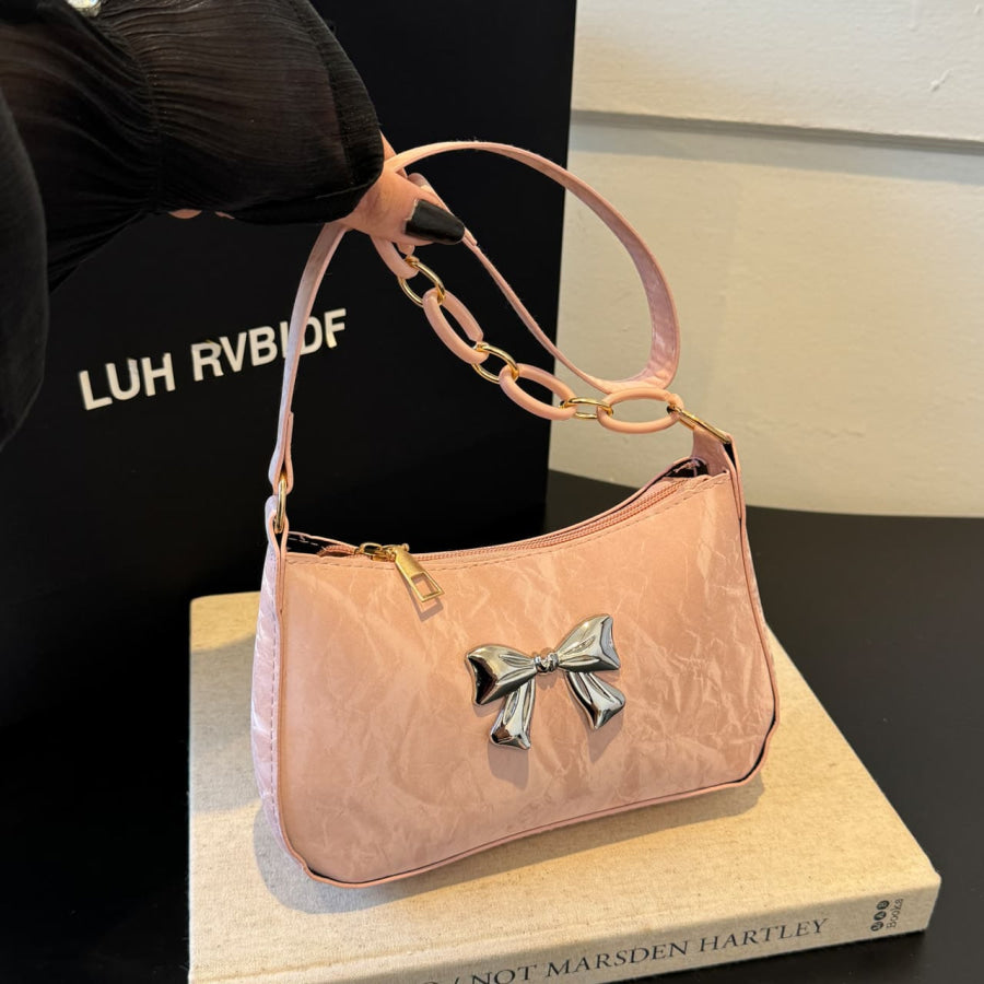 Bow PU Leather Shoulder Bag Blush Pink / One Size Apparel and Accessories