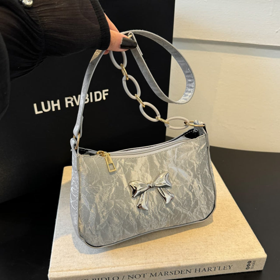 Bow PU Leather Shoulder Bag Silver / One Size Apparel and Accessories