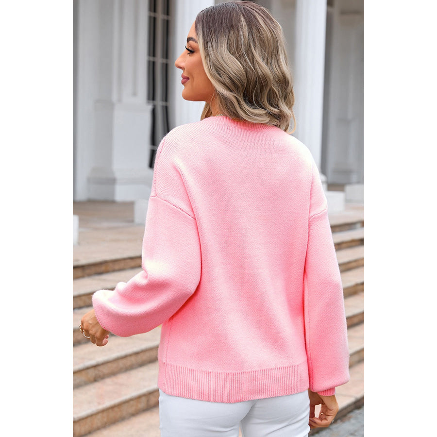 Bow Round Neck Long Sleeve Sweater Blush Pink / S Apparel and Accessories