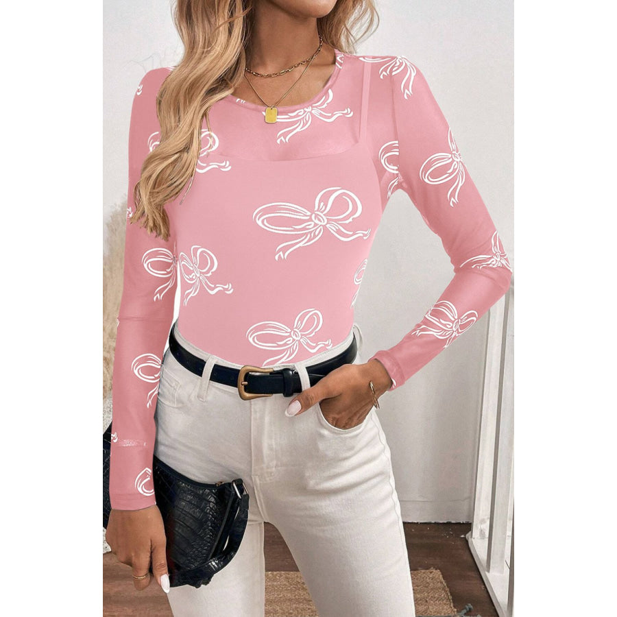 Bow Round Neck Long Sleeve Top Blush Pink / S Apparel and Accessories