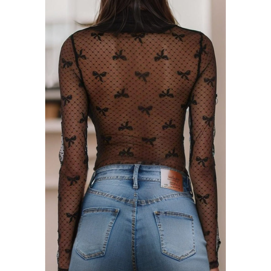 Bow Round Neck Sheer Top Apparel and Accessories