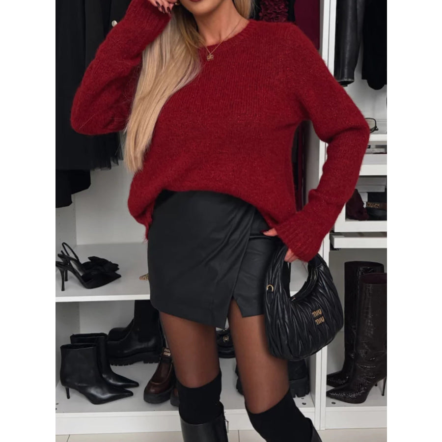 Bow Slit Back Round Neck Sweater Apparel and Accessories