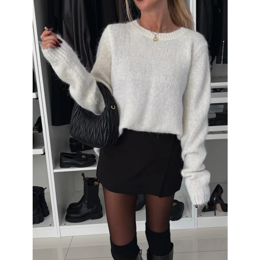 Bow Slit Back Round Neck Sweater Apparel and Accessories