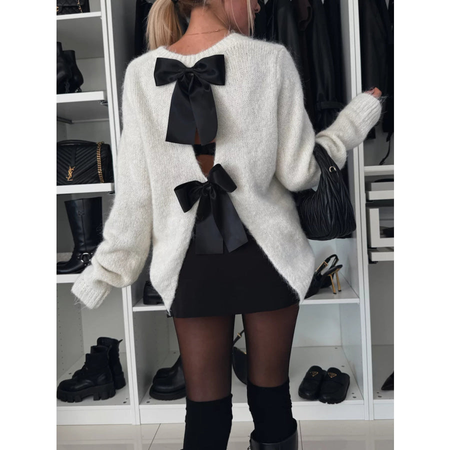 Bow Slit Back Round Neck Sweater Apparel and Accessories