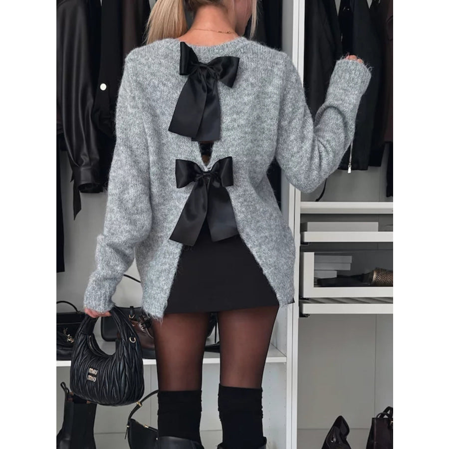 Bow Slit Back Round Neck Sweater Gray / S Apparel and Accessories