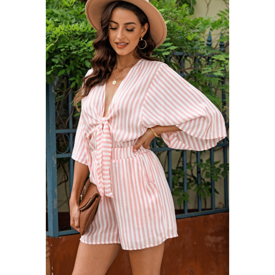 Bow Striped Kimono Sleeve Romper Apparel and Accessories