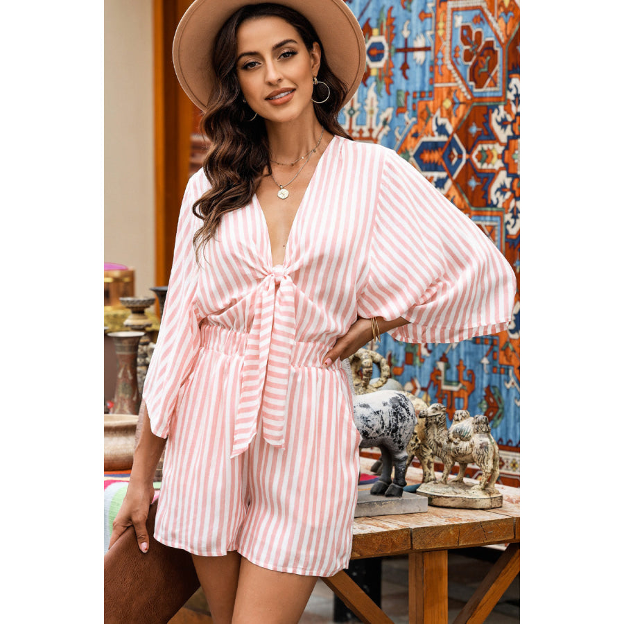 Bow Striped Kimono Sleeve Romper Apparel and Accessories