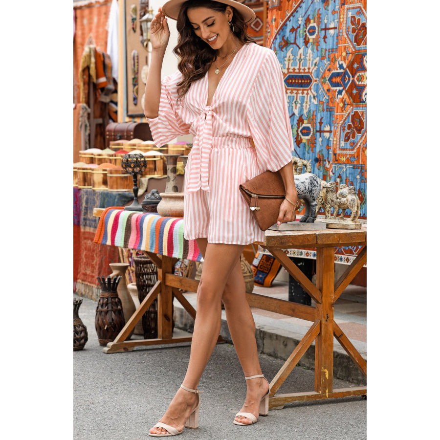 Bow Striped Kimono Sleeve Romper Apparel and Accessories