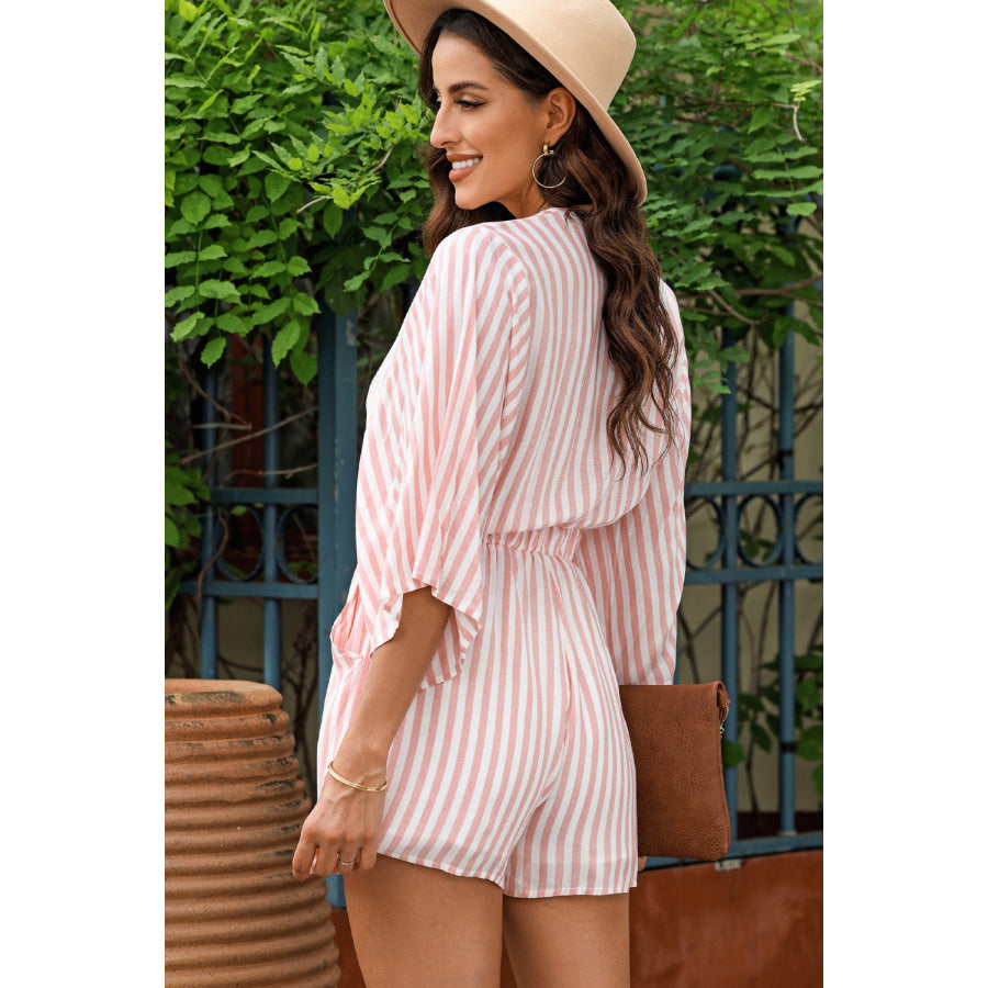 Bow Striped Kimono Sleeve Romper Apparel and Accessories