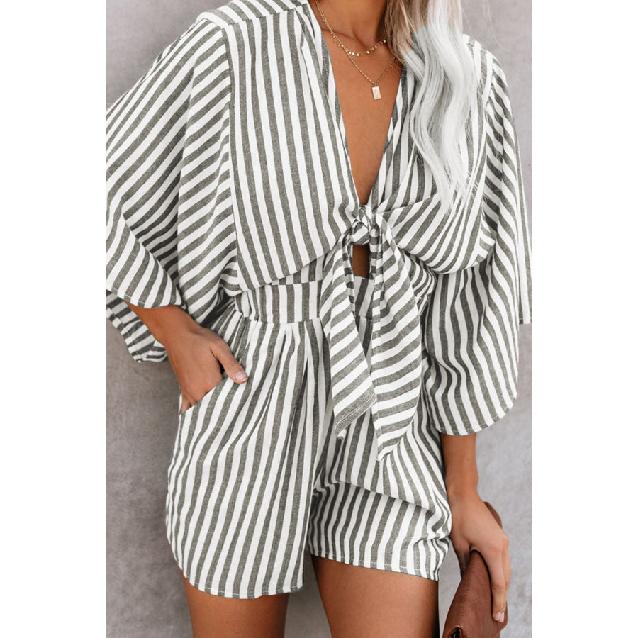 Bow Striped Kimono Sleeve Romper Dark Gray / S Apparel and Accessories