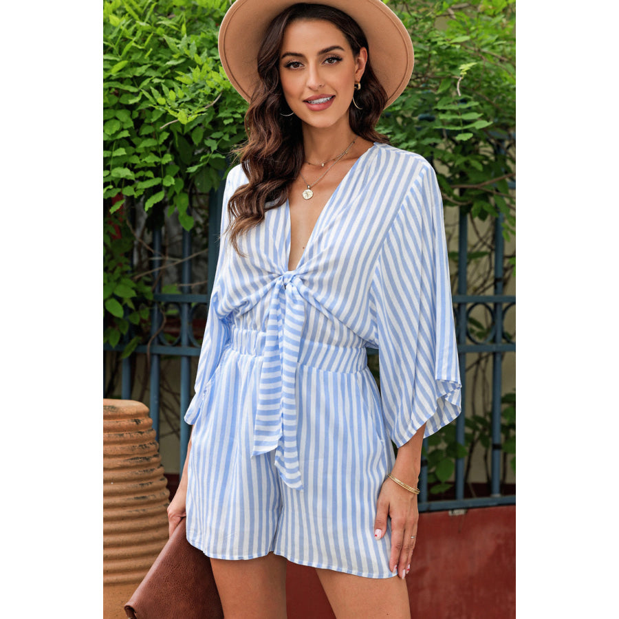 Bow Striped Kimono Sleeve Romper Light Blue / S Apparel and Accessories