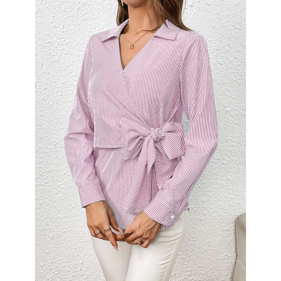 Bow Tie Waist Johnny Collar Neck Striped Blouse