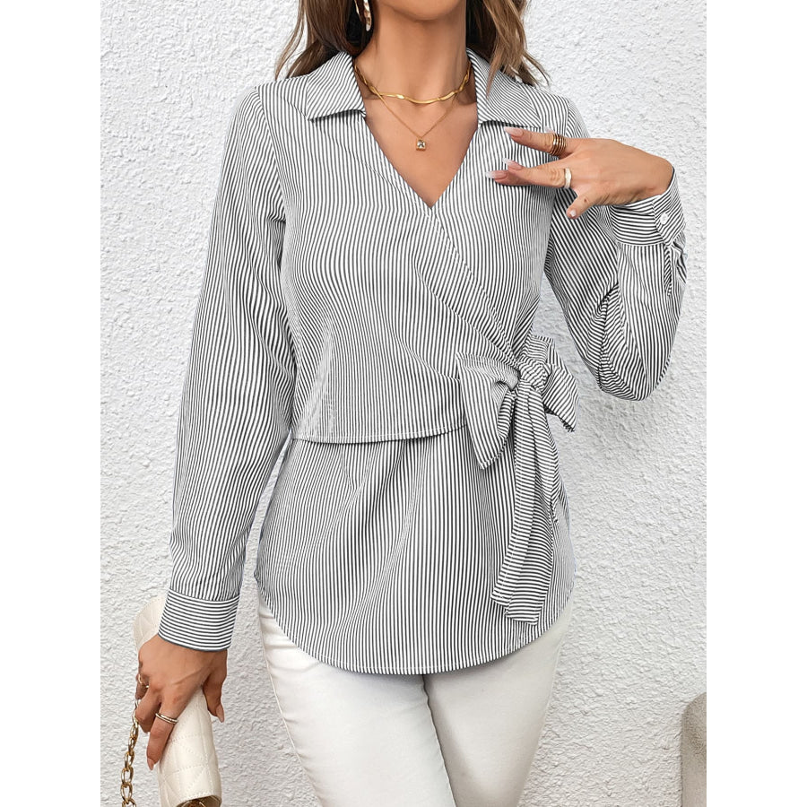 Bow Tie Waist Johnny Collar Neck Striped Blouse