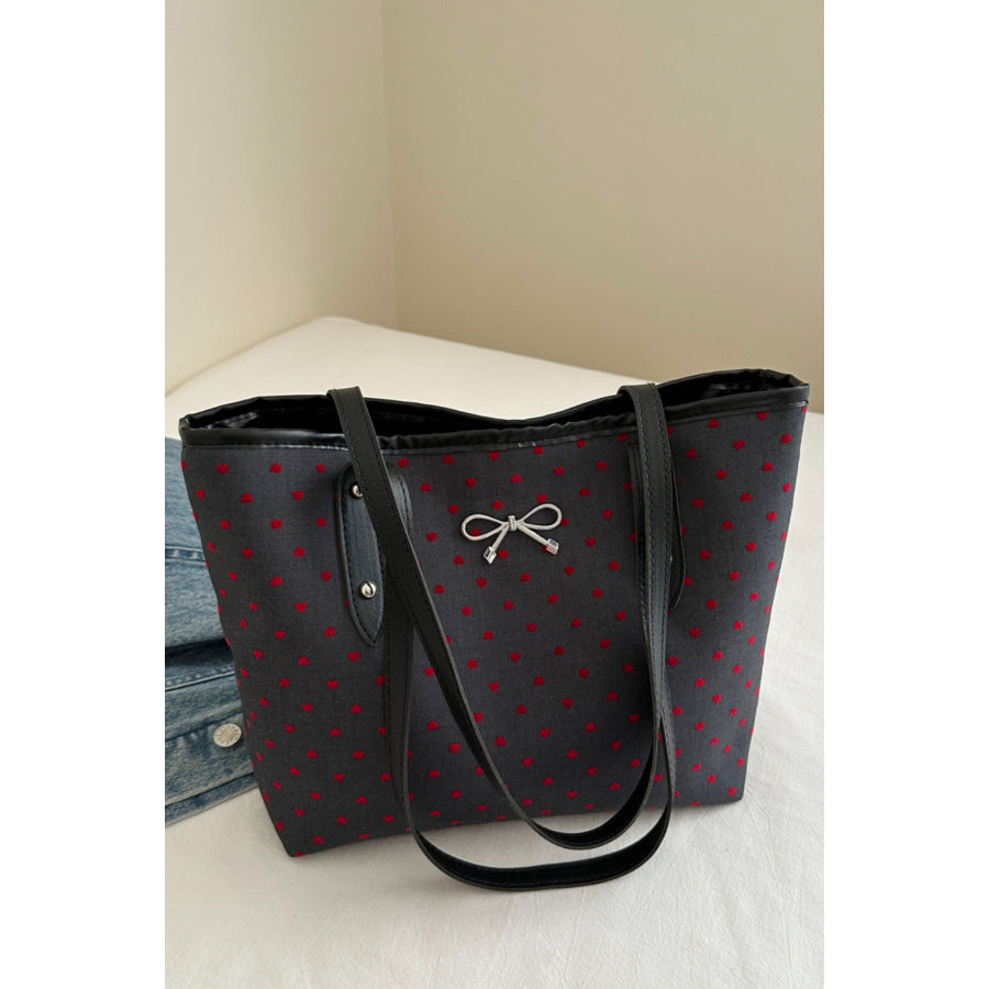 Bow Trim Polyester Tote Bag Heart / One Size Apparel and Accessories