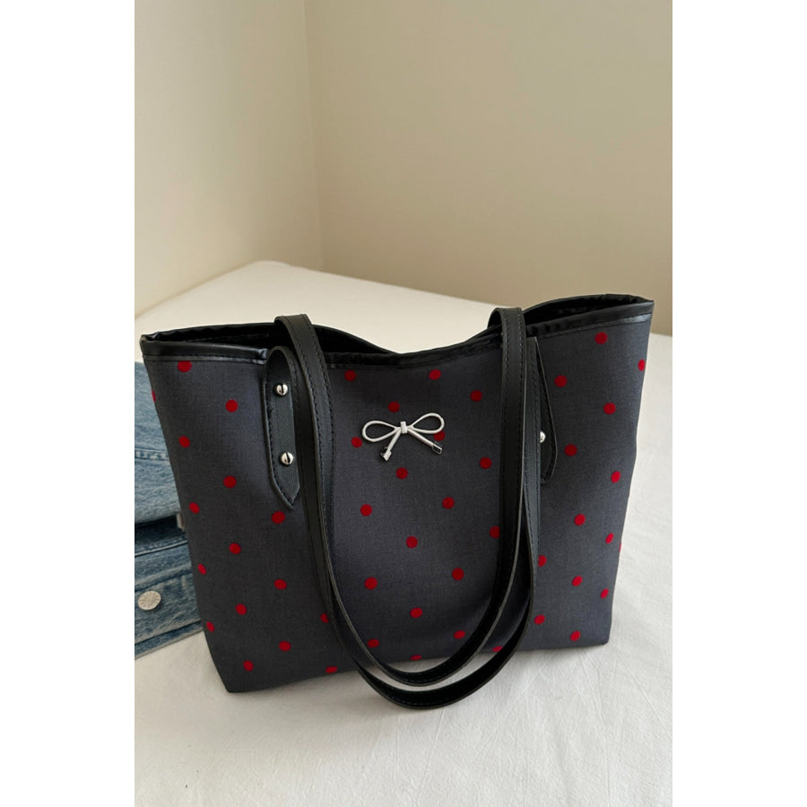 Bow Trim Polyester Tote Bag Polka dot / One Size Apparel and Accessories