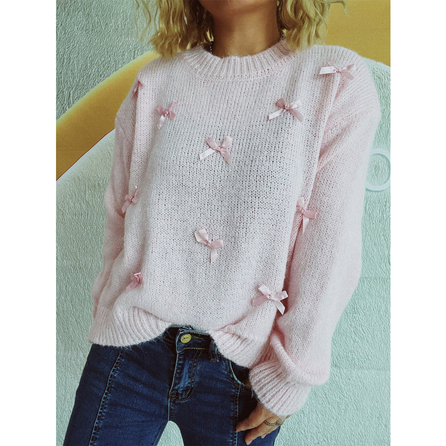 Bow Trim Round Neck Long Sleeve Sweater Blush Pink / One Size Apparel and Accessories