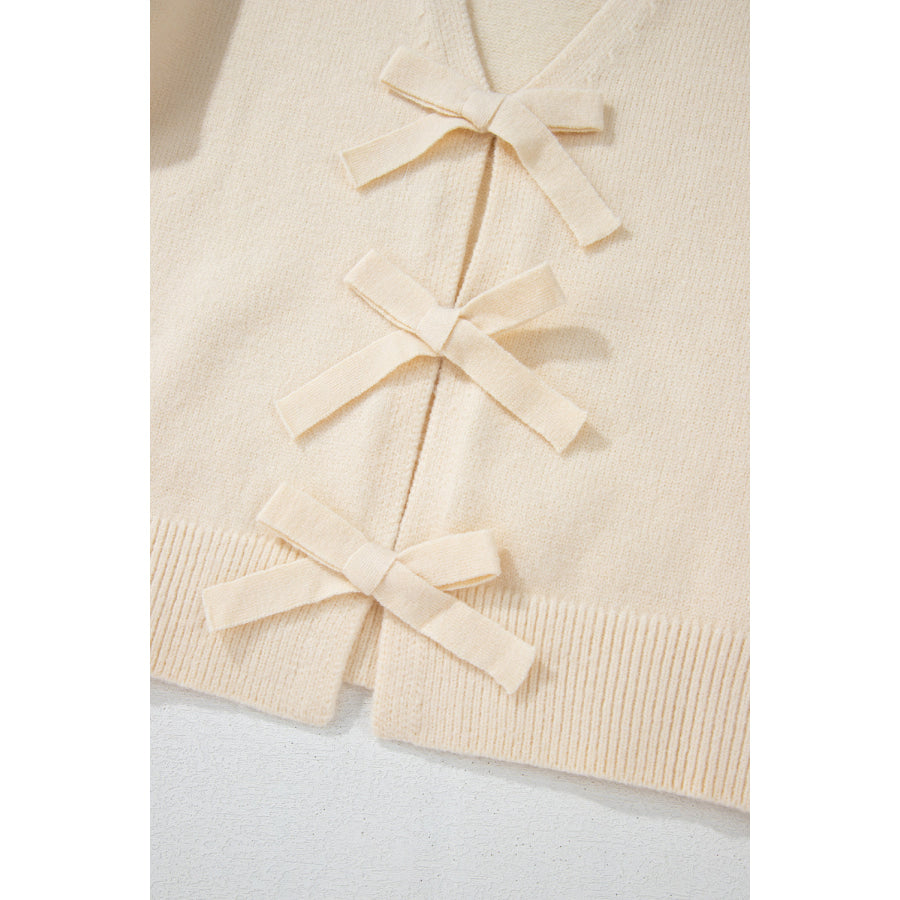 Bowknot Front V Neck Long Sleeve Cardigan Apparel and Accessories