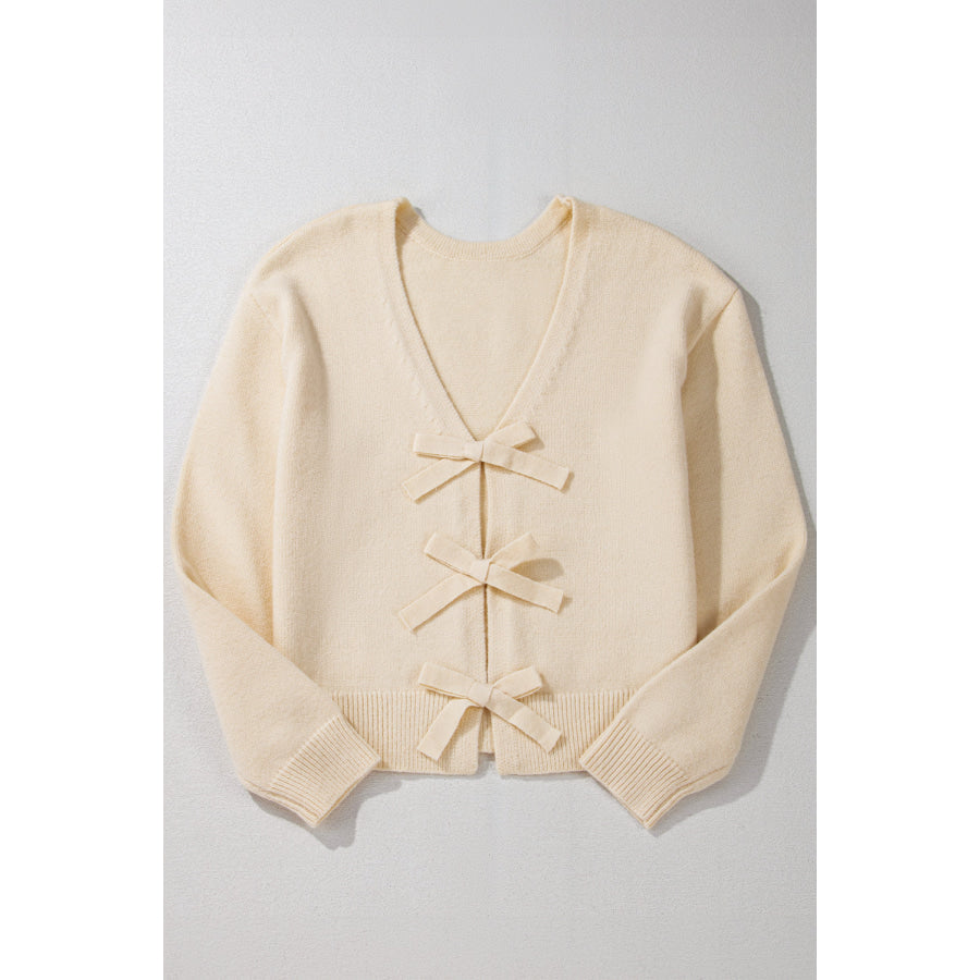 Bowknot Front V Neck Long Sleeve Cardigan Apparel and Accessories