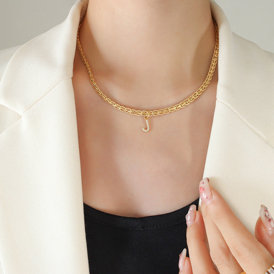 Brass Inlaid Zircon Letter Pendant Necklace Style J / One Size Apparel and Accessories