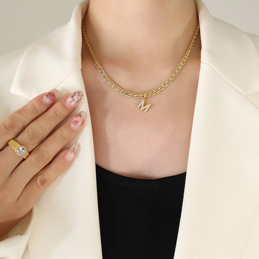Brass Inlaid Zircon Letter Pendant Necklace Style M / One Size Apparel and Accessories