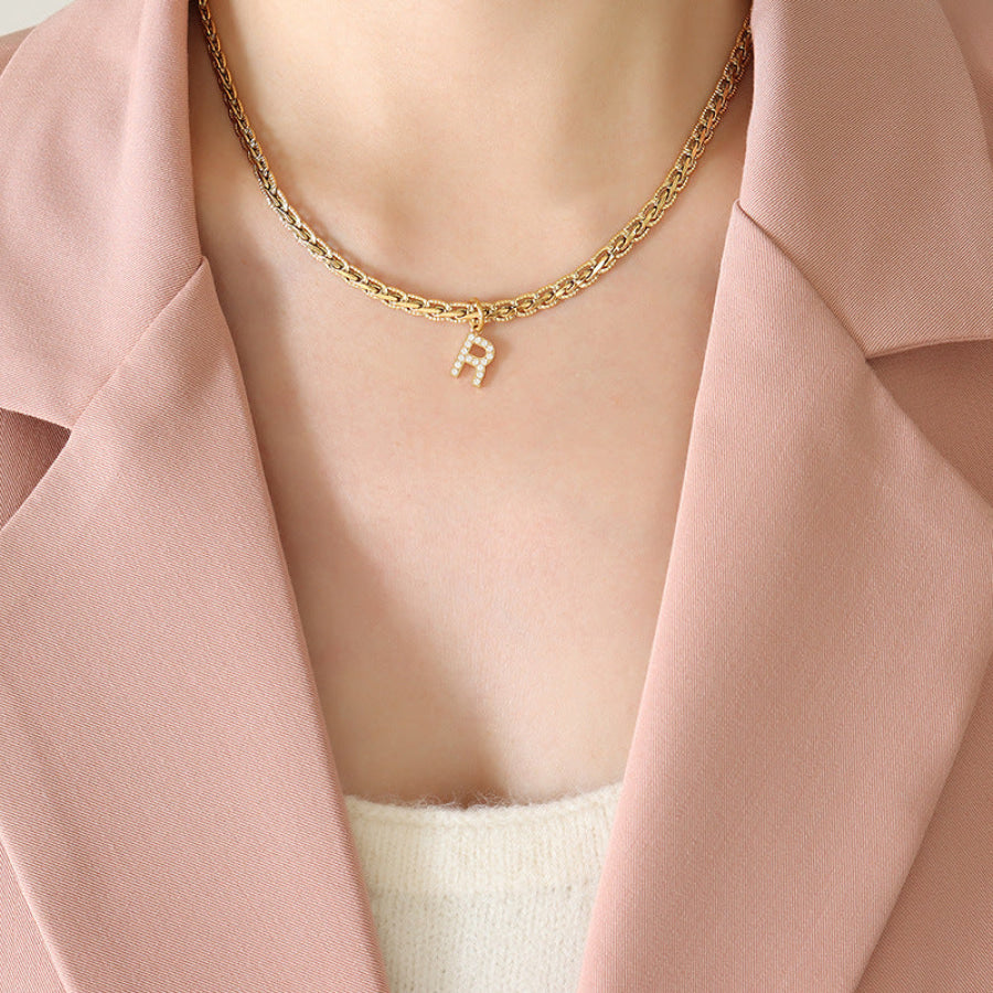 Brass Inlaid Zircon Letter Pendant Necklace Style R / One Size Apparel and Accessories