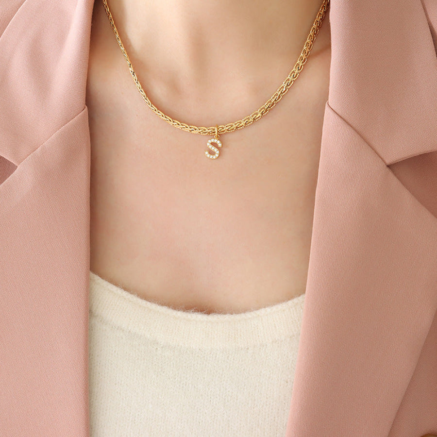 Brass Inlaid Zircon Letter Pendant Necklace Style R / One Size Apparel and Accessories