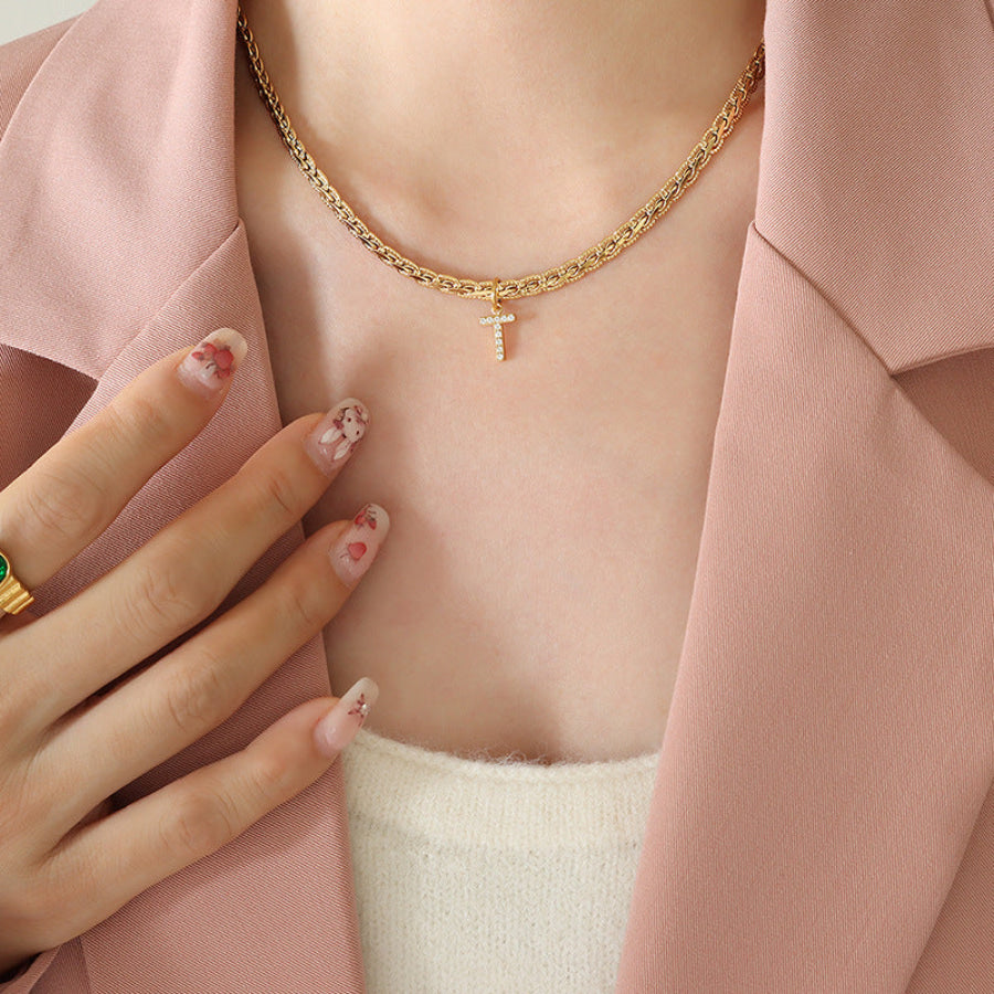 Brass Inlaid Zircon Letter Pendant Necklace Style T / One Size Apparel and Accessories