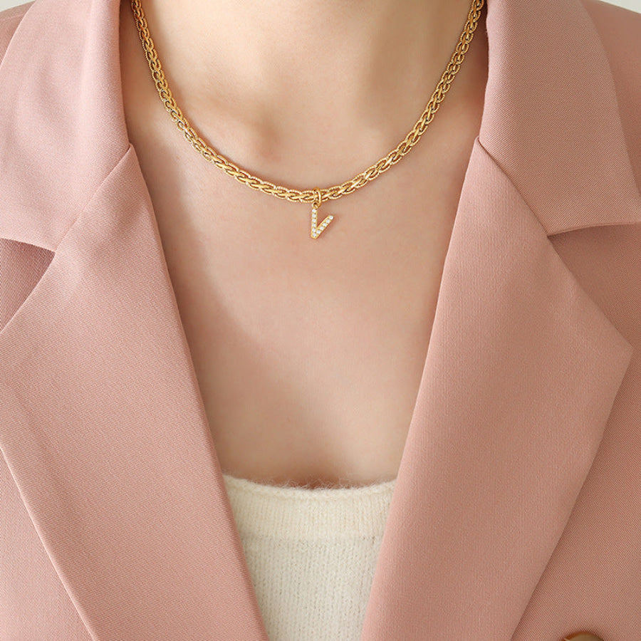 Brass Inlaid Zircon Letter Pendant Necklace Style V / One Size Apparel and Accessories
