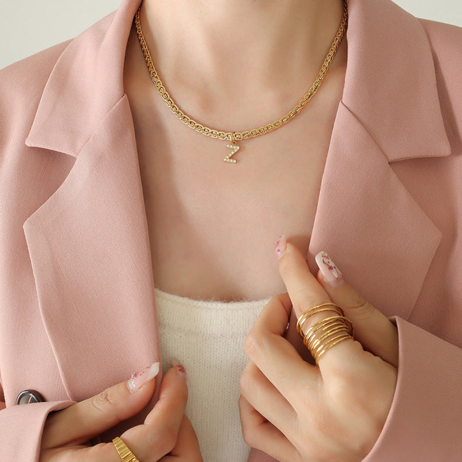 Brass Inlaid Zircon Letter Pendant Necklace Style Z / One Size Apparel and Accessories