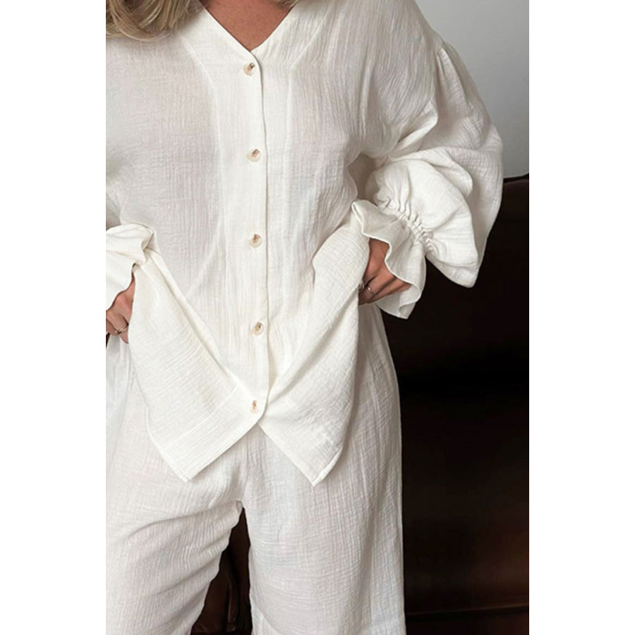 Breathable Ruffled V-Neck Long Sleeve Top and Pants Set Apparel and Accessories