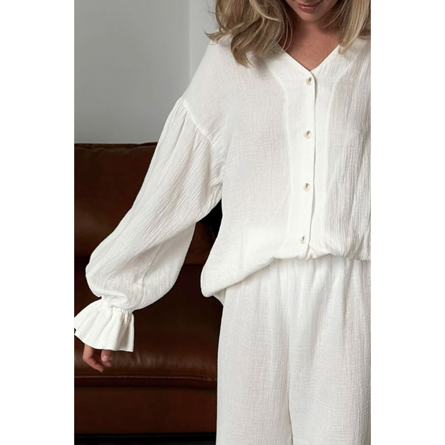 Breathable Ruffled V-Neck Long Sleeve Top and Pants Set Apparel and Accessories