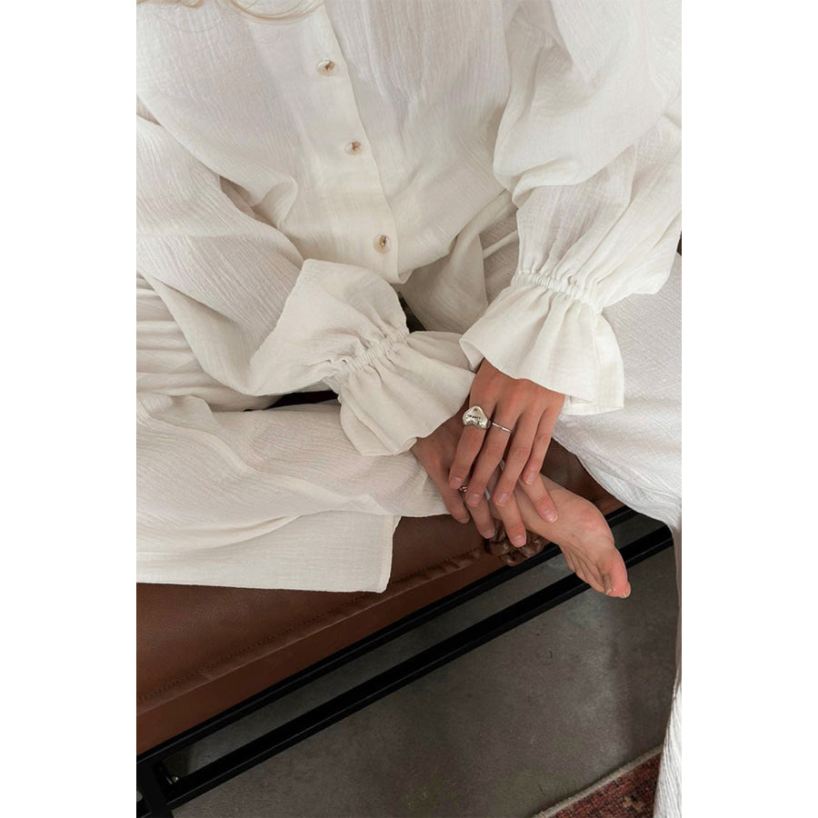 Breathable Ruffled V-Neck Long Sleeve Top and Pants Set Apparel and Accessories