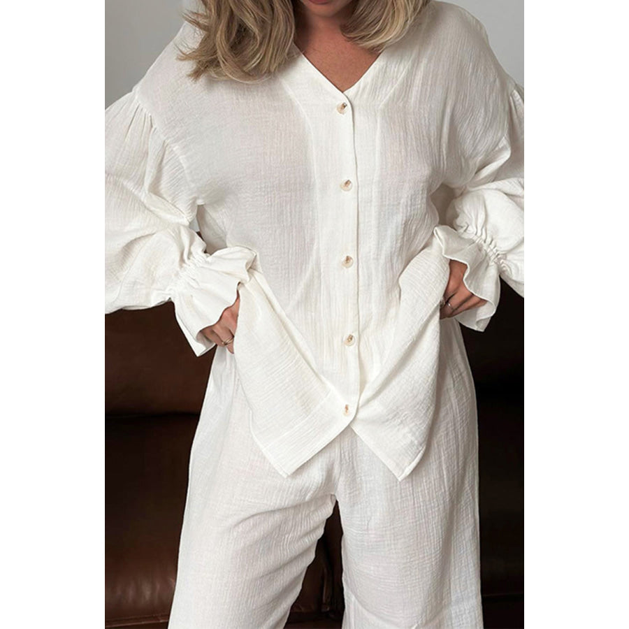 Breathable Ruffled V-Neck Long Sleeve Top and Pants Set White / S Apparel and Accessories
