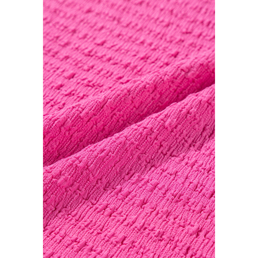 Bright Pink Plus Size Textured Folded Sleeve V Neck T Shirt Plus Size/Plus Size Tops/Plus Size Tops & Tees