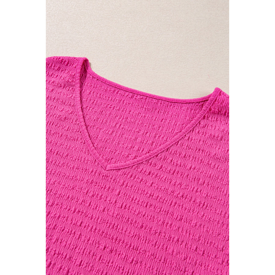 Bright Pink Plus Size Textured Folded Sleeve V Neck T Shirt Plus Size/Plus Size Tops/Plus Size Tops & Tees