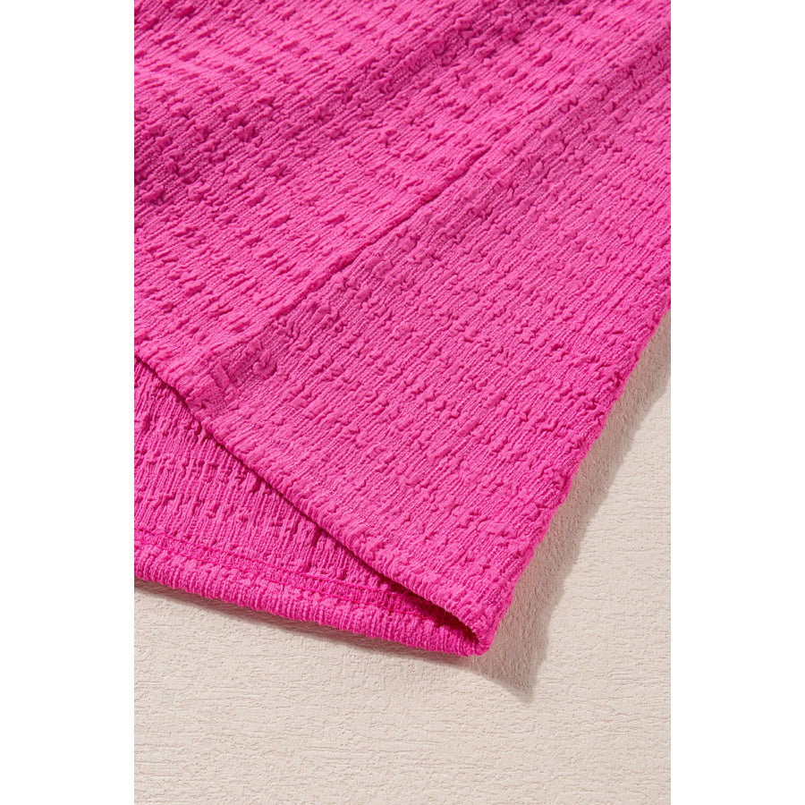 Bright Pink Plus Size Textured Folded Sleeve V Neck T Shirt Plus Size/Plus Size Tops/Plus Size Tops & Tees