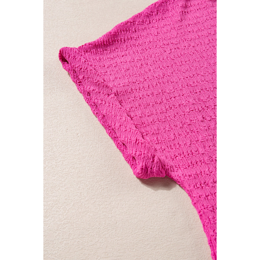 Bright Pink Plus Size Textured Folded Sleeve V Neck T Shirt Plus Size/Plus Size Tops/Plus Size Tops & Tees