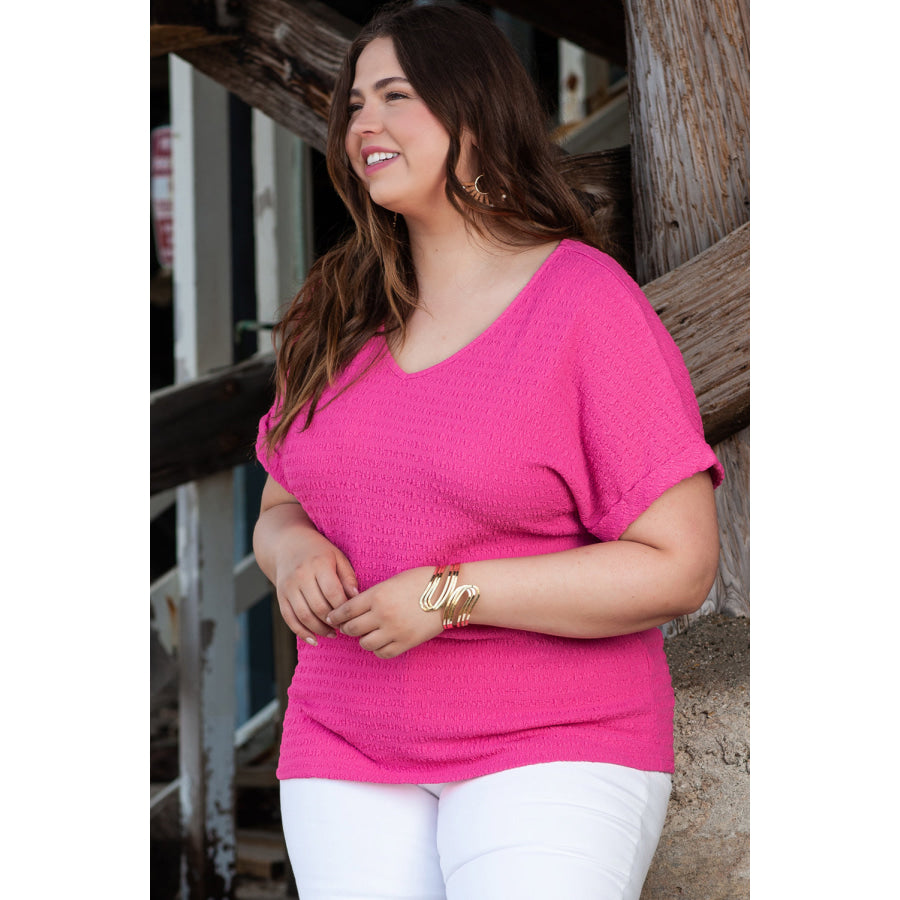 Bright Pink Plus Size Textured Folded Sleeve V Neck T Shirt Plus Size/Plus Size Tops/Plus Size Tops & Tees